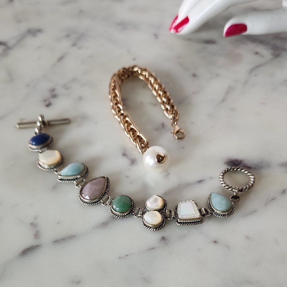 Kenneth Cole | SilverTone Bracelet Pastel Gem Stones Parklane Gold Faux Pearl